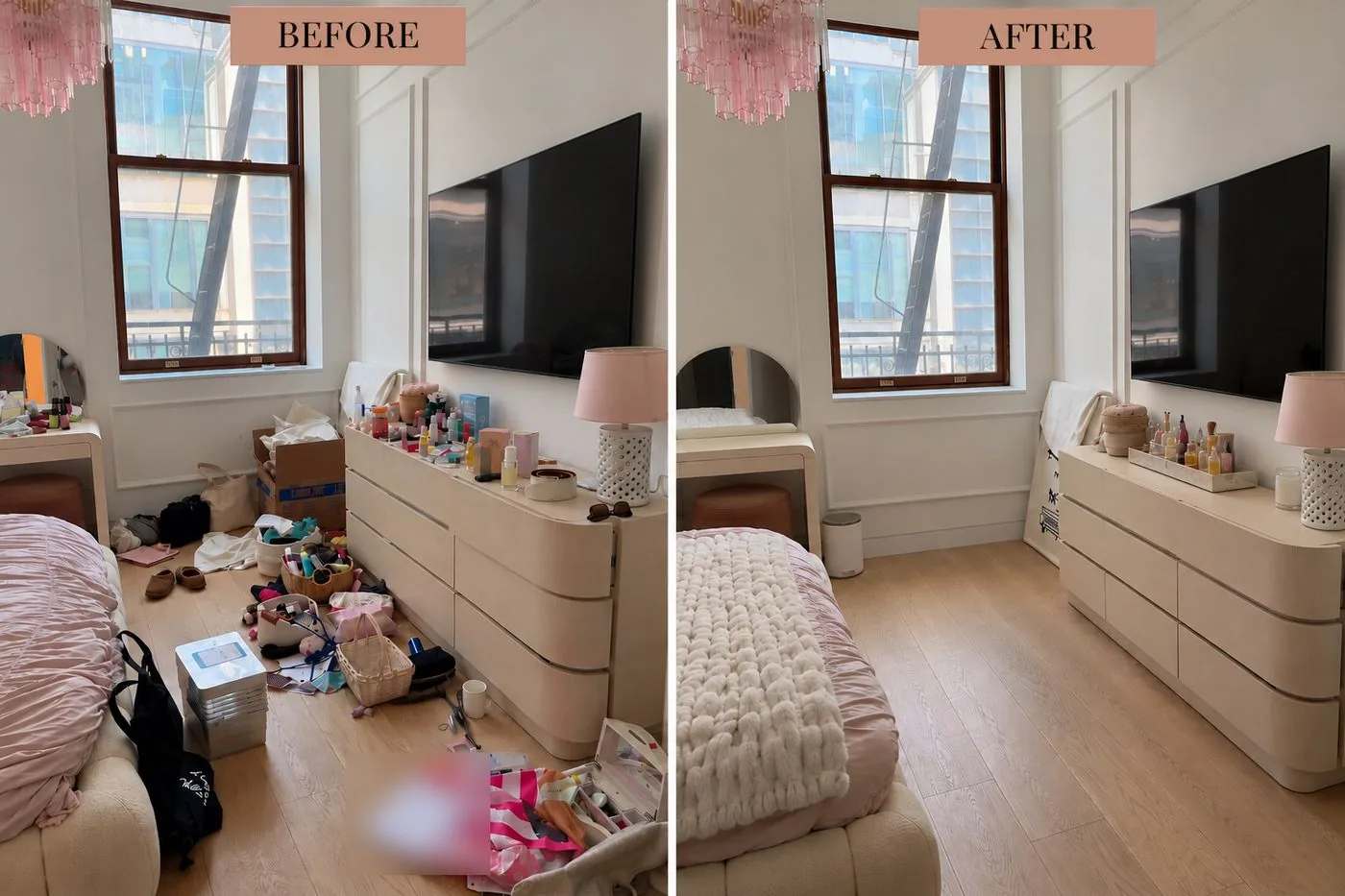 Bedroom before and after organizing, floor cleared and dresser tidied
