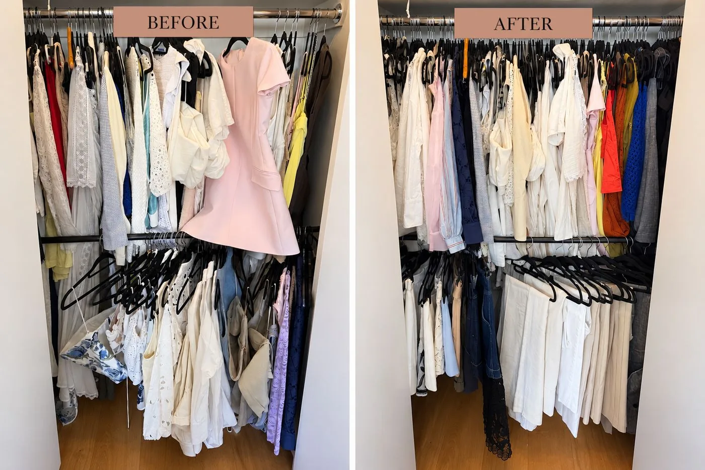 Double-rod closet before and after organizing