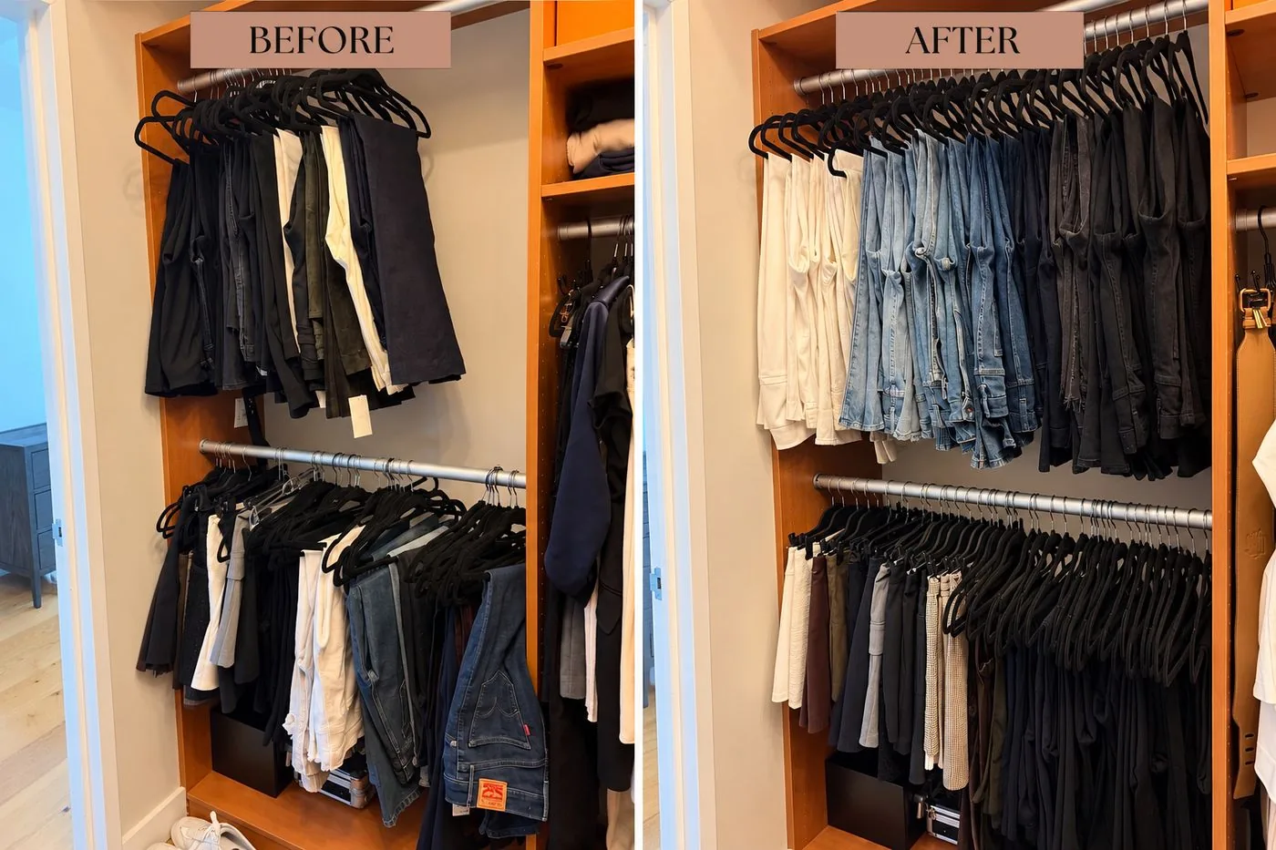 Hanging closet before and after organizing, clothes sorted and evenly spaced