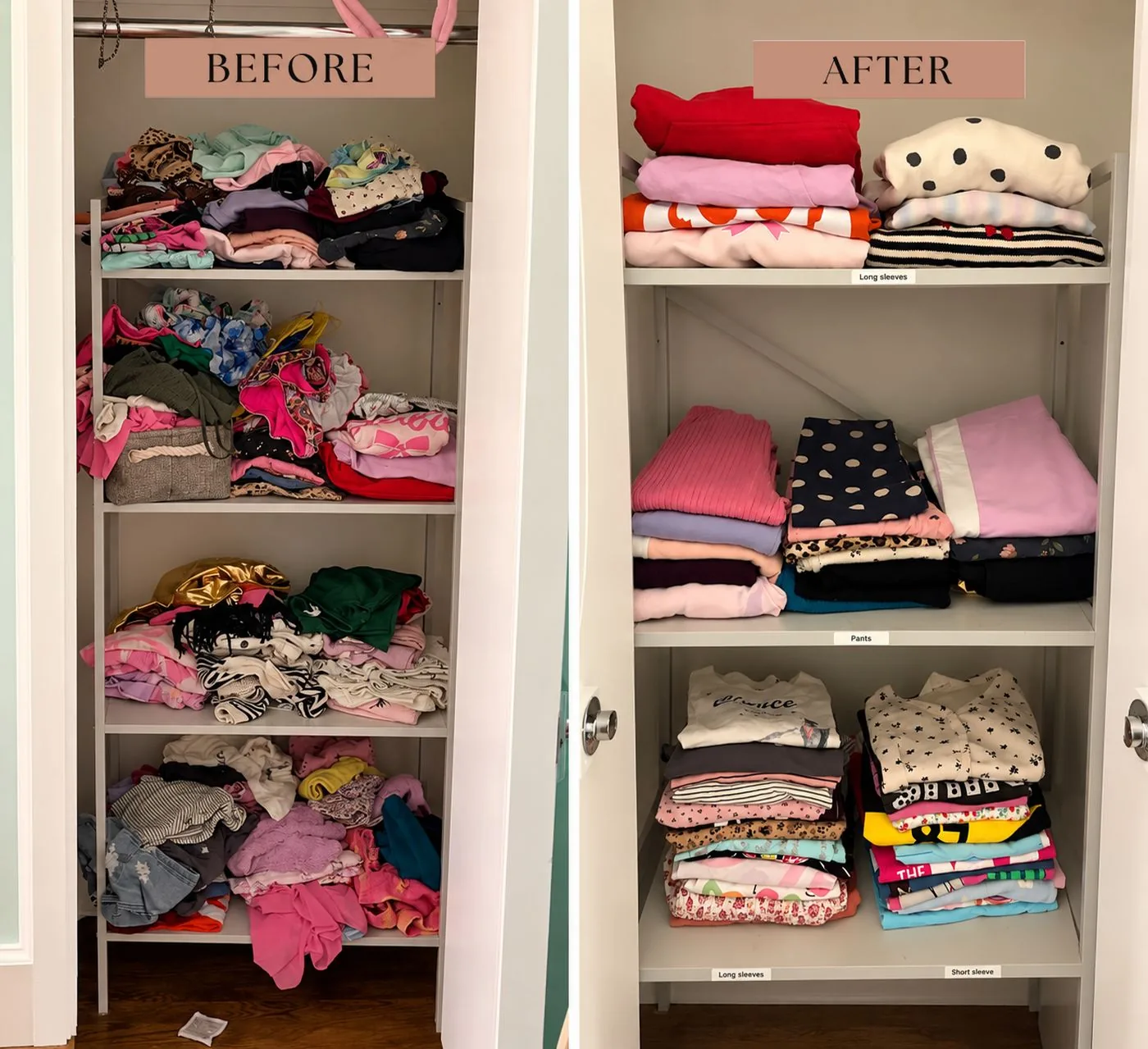 Closet with stacked clothing before and after organizing, labeled shelves