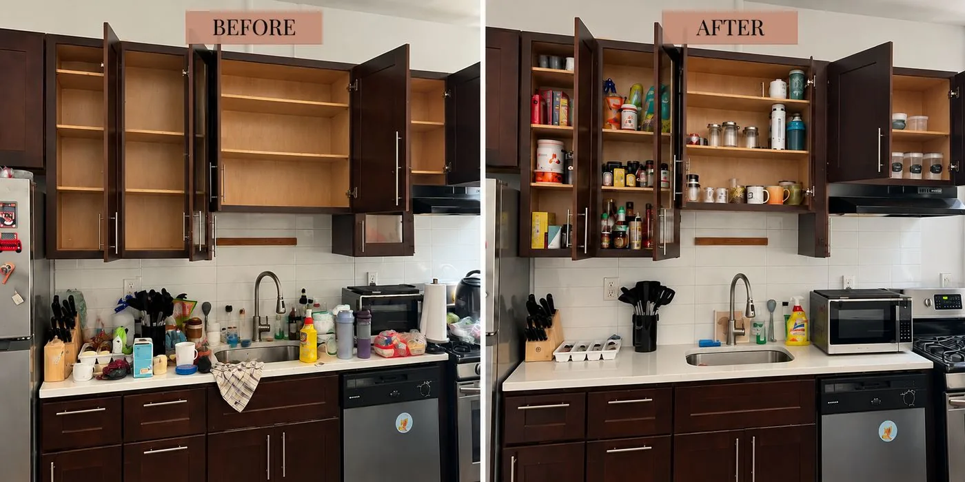 Kitchen counter and cabinets before and after organizing