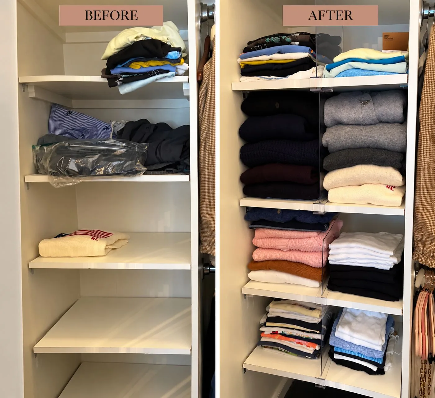 Sweater shelves before and after organizing with dividers and folded stacks