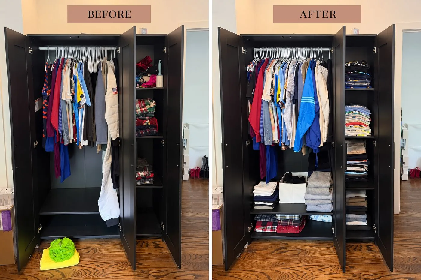 Wardrobe before and after organizing, hanging and folded clothes